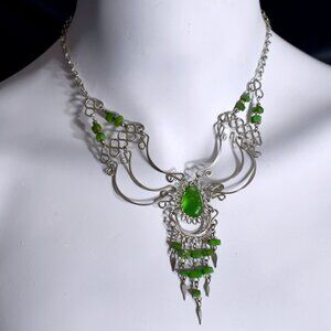 Peruvian Silver Metal and Green Stones Chandelier Necklace